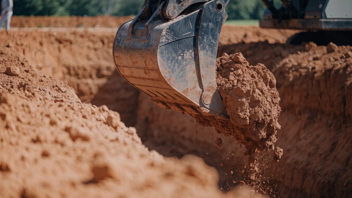 Excavator bucket lifting orange clay soil out of a trench