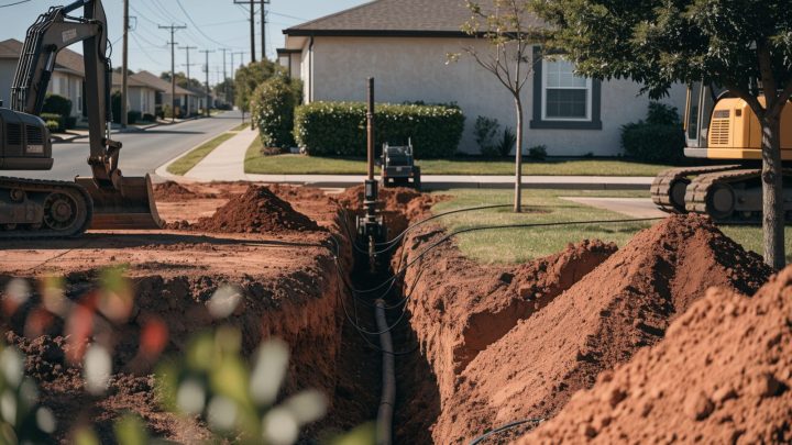 Texas suburban neighborhood street with excavation equipment working on a sewer line, dry reddish clay soil visible