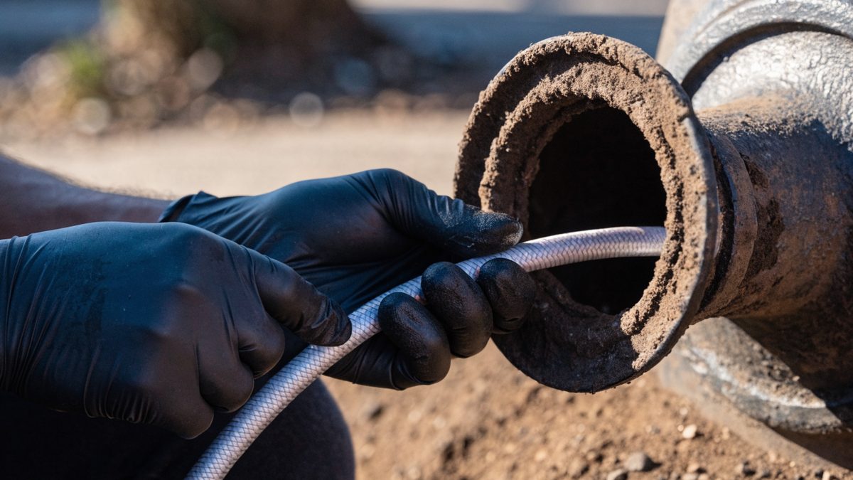 Gloved hands feeding a sewer inspection camera cable into a pipe cleanout
