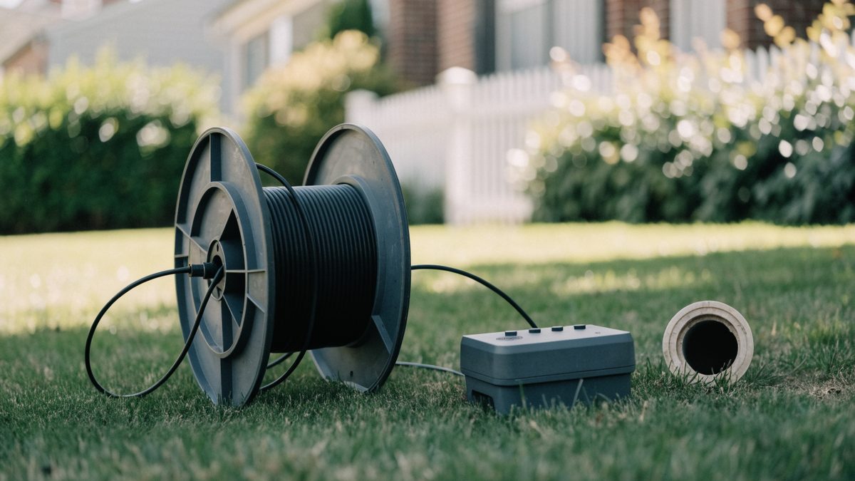 Sewer camera inspection reel and monitor unit set up on a lawn beside an open cleanout