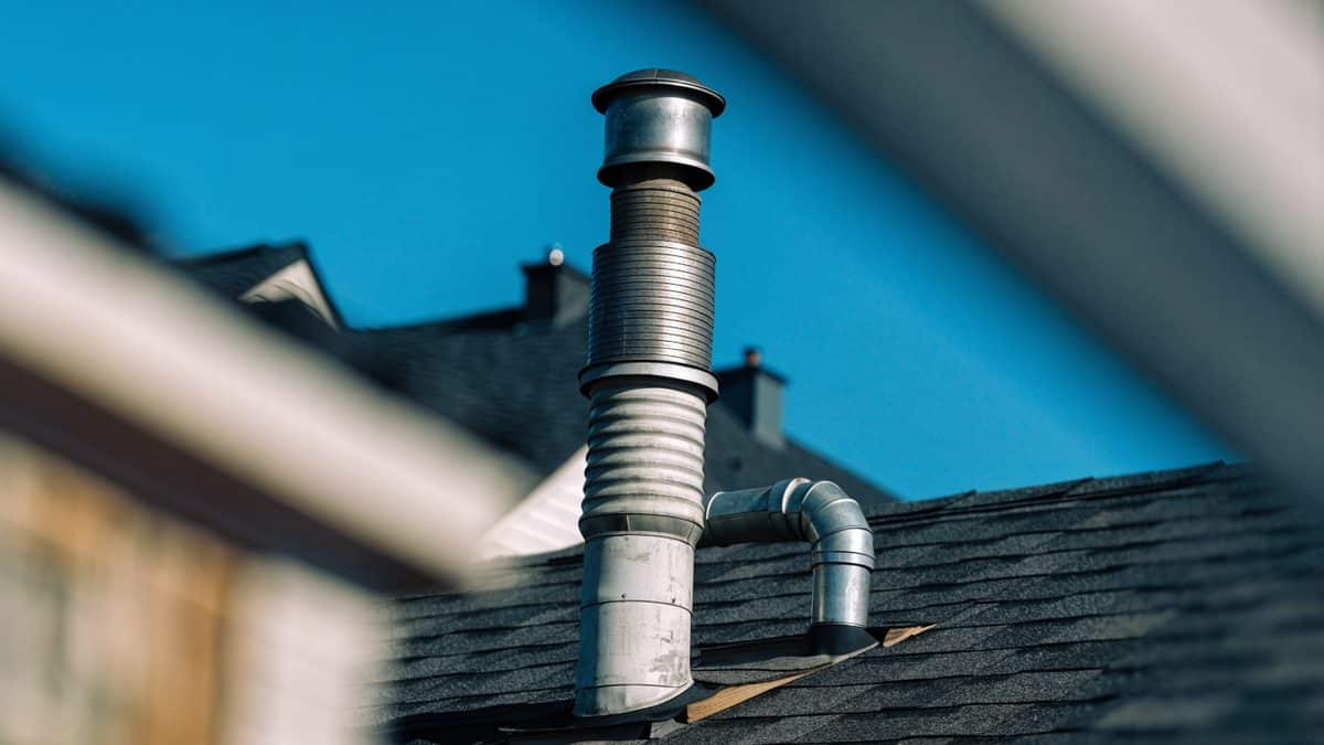 Plumbing vent pipe stack rising from a residential rooftop, blue sky