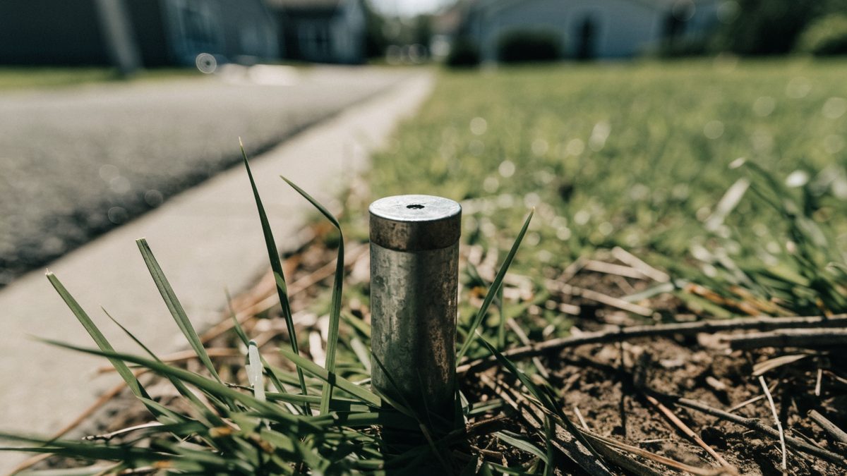Close-up of a property boundary survey marker in grass between two yards