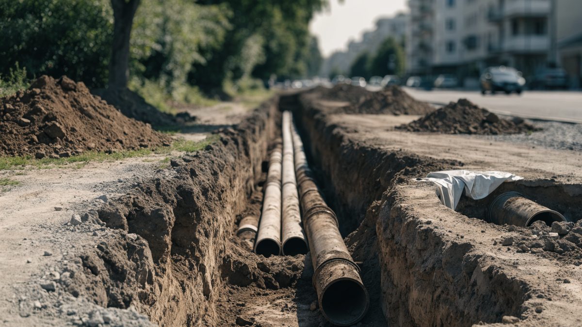 Wide shot of a long open trench excavation for a full pipe replacement, contrasting a small nearby repair pit
