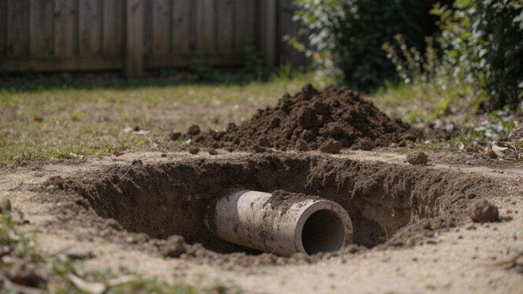Small localized excavation pit exposing a short section of sewer pipe for a spot repair, yard setting