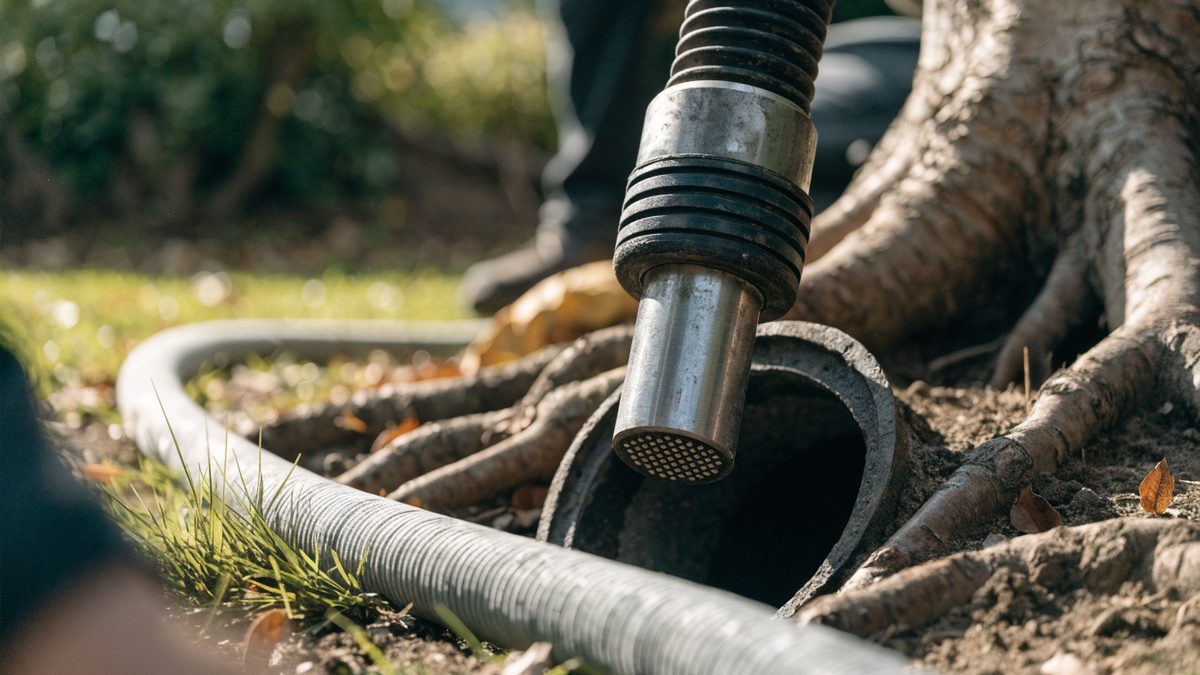 Camera-inspection close-up of thick tree roots filling a sewer pipe interior