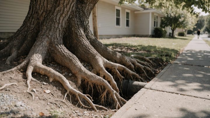 Large mature tree with visible surface roots near a residential sidewalk, suburban yard, sewer line buried beneath, daytime