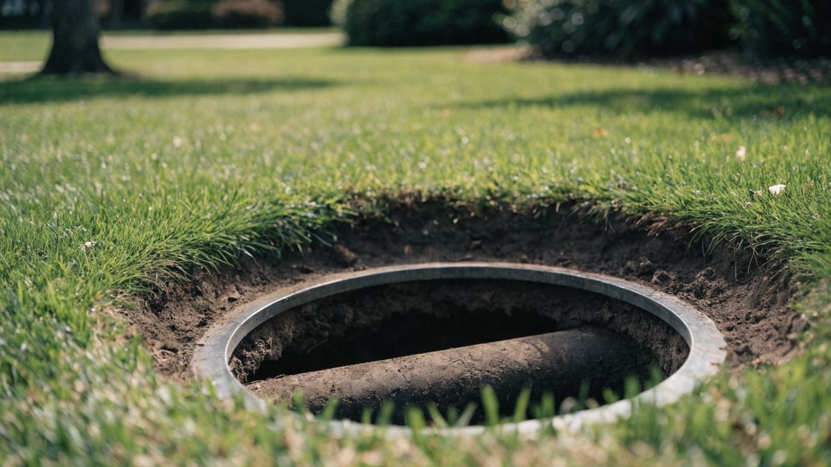 Small neat circular access pit with pipe visible below, surrounding lawn intact