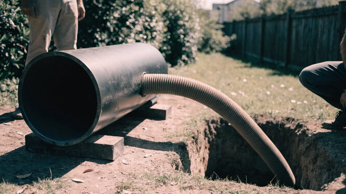 Trenchless pipe lining equipment with an inversion drum and hose positioned at a small access pit in a yard
