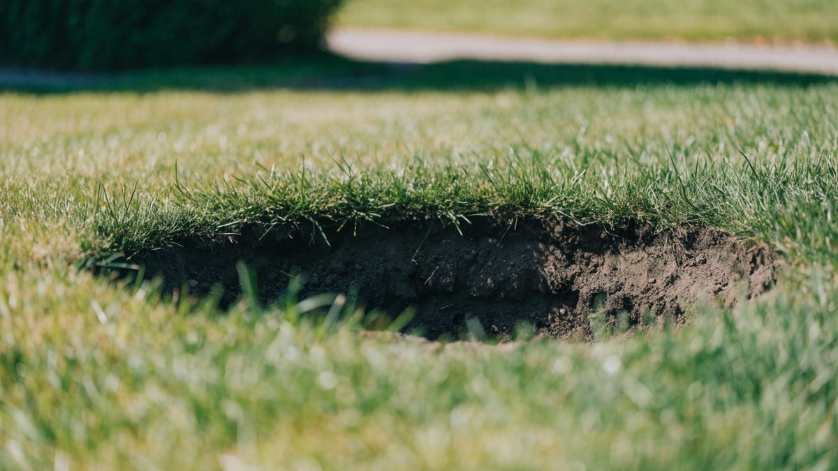 Small circular access pit dug in a lawn for trenchless pipe repair, minimal surrounding disturbance