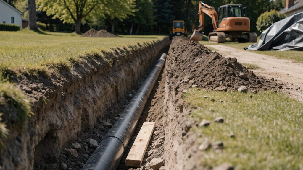Open trench excavation across a residential lawn with exposed sewer pipe, construction equipment nearby