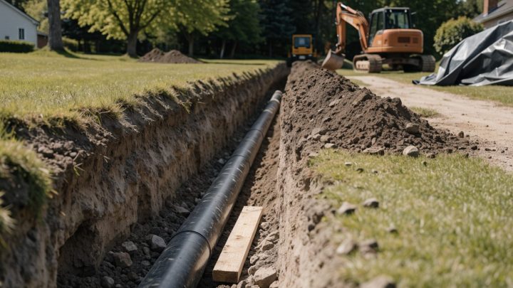 Open trench excavation across a residential lawn with exposed sewer pipe, construction equipment nearby
