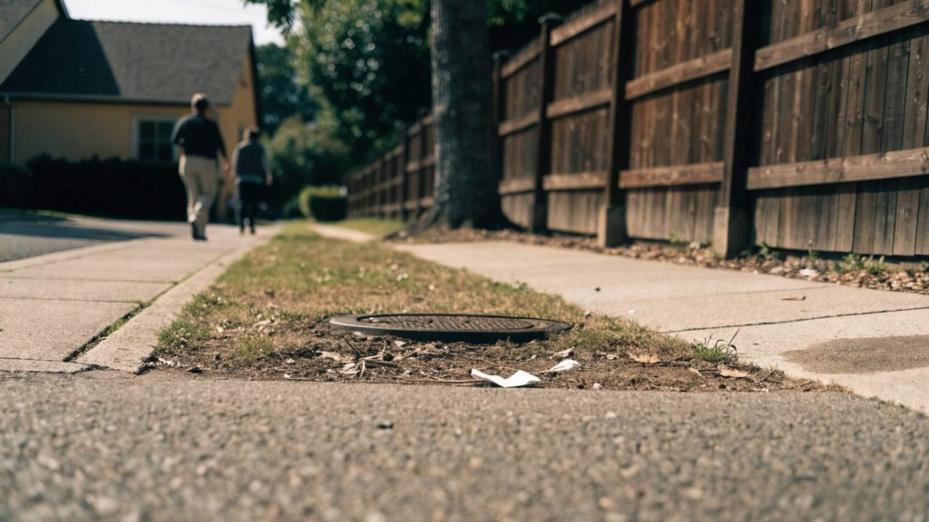 Suburban street showing the strip between sidewalk and roadway with a manhole cover, illustrating a property-line boundary