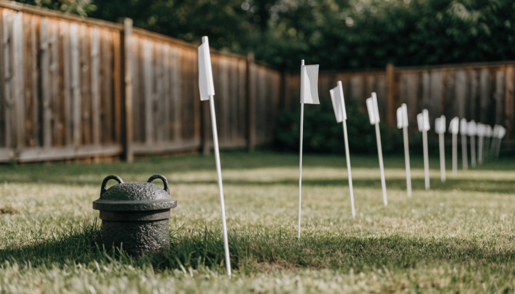 A row of white survey flags marking a straight easement line across a backyard lawn, with a cast iron sewer cleanout cap in the foreground