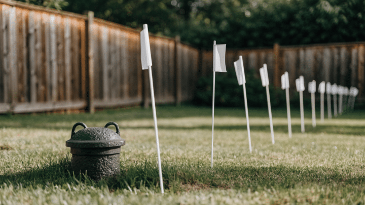 A row of white survey flags marking a straight easement line across a backyard lawn, with a cast iron sewer cleanout cap in the foreground