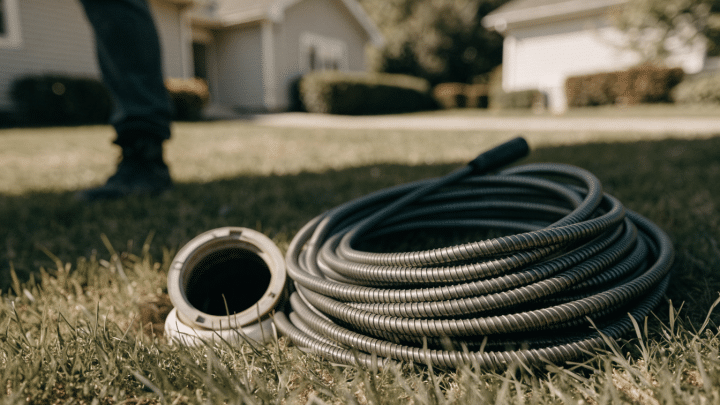 A coiled drain cleaning cable resting beside an open sewer cleanout cap on a suburban lawn