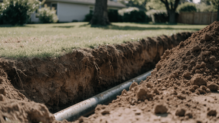 An open backyard excavation trench with a section of new sewer pipe laid in the bottom, soil piled beside it and a suburban lawn in the background